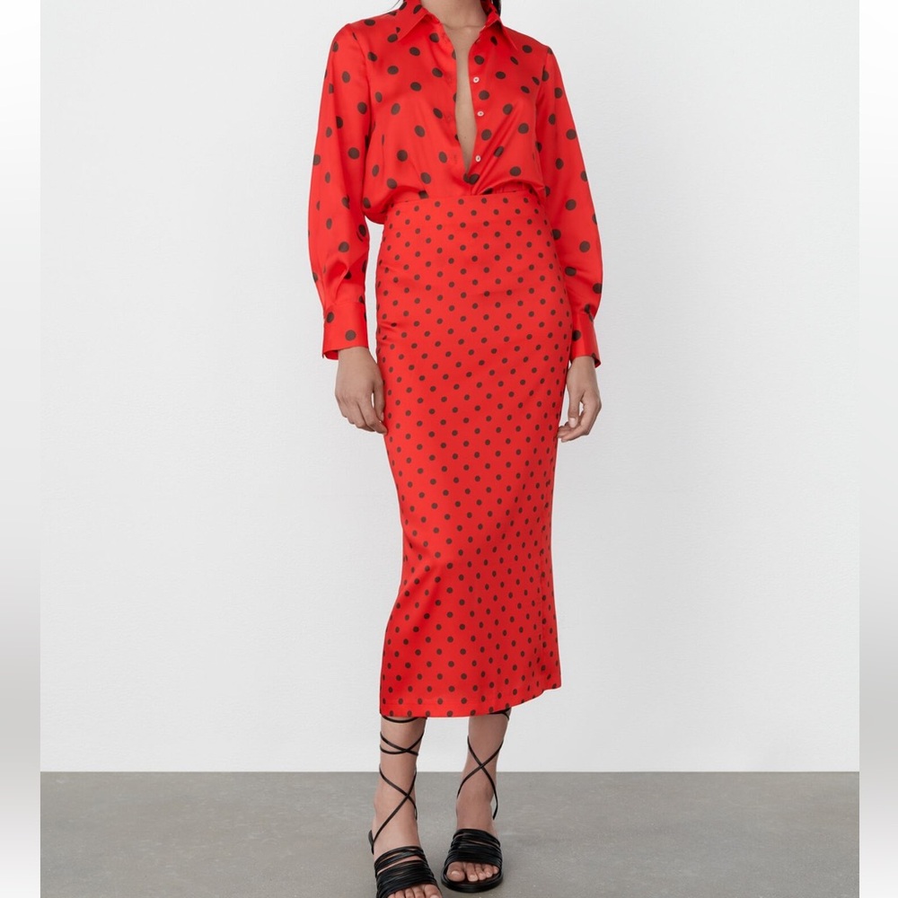 Zara Red Pencil Skirt with Black Polka Dots